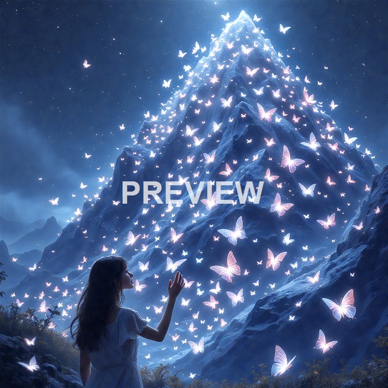 A young girl in a white dress stands in front of a mountain with glowing butterflies flying around and on its slopes, creating a magical and surreal scene under a starry sky.
